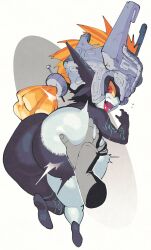 absurdres ass black_skin colored_sclera colored_skin grabbing_another&#039;s_ass groping helmet highres huge_ass inkerton-kun long_hair looking_back midna multicolored_skin nintendo open_mouth orange_hair pointy_ears red_eyes teeth the_legend_of_zelda the_legend_of_zelda:_twilight_princess tongue upper_teeth_only white_background yellow_sclera