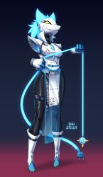 Rule 34 | 1girl, absurdres, animal ears, blue hair, blush, breasts, colored sclera, deltarune, disembodied hand, electric plug, flail, furry, highres, joints, mecha musume, mechanical arms, robot, robot girl, robot joints, standing, tasque manager (deltarune), weapon, whip, yellow eyes, yellow sclera