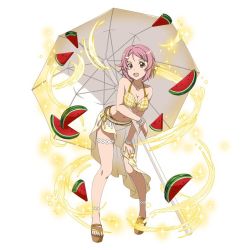 Rule 34 | 1girl, :d, bikini, bikini top only, breasts, cleavage, collarbone, food, fruit, full body, hair ornament, hairclip, hand on lap, jewelry, leaning forward, lisbeth (sao-alo), looking at viewer, medium breasts, navel, necklace, official art, open mouth, parasol, parted bangs, pink eyes, pink hair, pointy ears, sarong, short hair, simple background, smile, solo, standing, swimsuit, sword art online, sword art online: code register, thigh strap, umbrella, watermelon, white background, yellow bikini