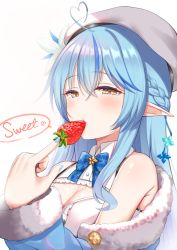 Rule 34 | 1girl, absurdres, ahoge, beret, blouse, blue bow, blue bowtie, blue coat, blue hair, blue nails, blush, bow, bowtie, braid, breasts, center opening, cleavage, closed mouth, coat, commentary, english text, eyelashes, flower, food, french braid, fruit, fur-trimmed coat, fur trim, hair between eyes, hair flower, hair ornament, half-closed eyes, half updo, hat, heart, heart ahoge, highres, holding, holding food, holding fruit, hololive, light blue hair, lips, long hair, looking at viewer, medium breasts, multicolored hair, nail polish, off shoulder, plaid, plaid bow, plaid bowtie, plaid neckwear, pointy ears, shirt, simple background, sleeveless, sleeveless shirt, solo, strawberry, streaked hair, suzutarou gunsou, two-tone hair, upper body, virtual youtuber, white background, white hat, white shirt, wing collar, yellow eyes, yukihana lamy