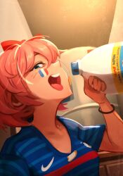 Rule 34 | 1girl, bleach (chemical), blue eyes, bottle, bow, commentary, doki doki literature club, english commentary, facepaint, france, hair bow, highres, holding, holding bottle, imminent suicide, khyle., meme, nike (company), open mouth, parody, pink hair, red bow, sayori (doki doki literature club), short hair, soccer uniform, solo, sportswear, upper body