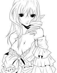 Rule 34 | 1girl, bad id, bad pixiv id, bare shoulders, breasts, cleavage, collarbone, dress, drill hair, elf, greyscale, kukua (mosushi), lineart, medium breasts, monochrome, original, pointy ears, simple background, solo, strapless, strapless dress