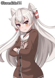 Rule 34 | 1girl, amatsukaze (kancolle), brown dress, brown eyes, crossed arms, dress, grey hair, grey neckerchief, hair tubes, highres, kantai collection, kurano kisuke, lifebuoy ornament, long hair, neckerchief, one-hour drawing challenge, sailor collar, sailor dress, short dress, simple background, smokestack hair ornament, solo, twitter username, two side up, white background, white sailor collar