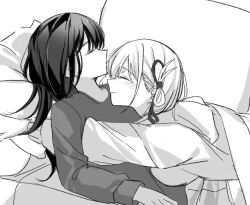 Rule 34 | 2girls, blush, closed eyes, closed mouth, couch, cuddling, greyscale, hair ornament, highres, inoue takina, jenjen, long hair, long sleeves, lycoris recoil, lying on person, medium hair, monochrome, multiple girls, nishikigi chisato, on couch, one side up, sleeping, smile