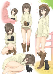 Rule 34 | 10s, 1boy, 1girl, admiral (kancolle), aran sweater, bare legs, barefoot, black cat, boots, brown eyes, brown hair, cable knit, cat, closed eyes, cowboy boots, dress, fetal position, flat chest, fringe trim, gintarou (kurousagi108), hat, headgear, kantai collection, long sleeves, lying, musical note, on side, ribbed dress, ribbed sweater, short dress, short hair, sleeves past wrists, smile, sweater, sweater dress, taihou (kancolle), turtleneck
