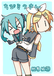 Rule 34 | &gt; &lt;, chibi miku, closed eyes, hatsune miku, kagamine rin, leap frog, minami (colorful palette), ribbon, twintails, vocaloid, | |