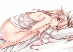 1girl ass bed_sheet blonde_hair blush breasts female_focus hair_between_eyes hair_flaps hair_ornament hairclip kantai_collection long_hair looking_at_viewer medium_breasts naked_sheet nude open_mouth pillow simple_background solo twitter_username white_background wide-eyed yukishiro_arte yuudachi_(kancolle) yuudachi_kai_ni_(kancolle)