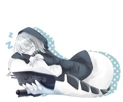 Rule 34 | 10s, 1girl, closed eyes, highres, hood, hoodie, kantai collection, lying, monster, pale skin, pasu, personification, re-class battleship, short hair, silver hair, sleeping, smile, solo, turret, zzz