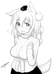 Rule 34 | 1girl, animal ears, blush, breasts, greyscale, hat, inubashiri momiji, large breasts, looking at viewer, monochrome, open mouth, short hair, signature, simple background, solo, tail, taurine 8000mg, tokin hat, touhou, twitter username, white background, wolf ears, wolf tail