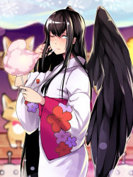 Rule 34 | 1girl, black hair, black wings, blue eyes, brll, cotton candy, eating, from side, japanese clothes, kimono, long hair, looking at viewer, mabinogi, morrighan, one eye closed, smile, solo, standing, very long hair, wings, yukata