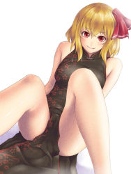 Rule 34 | 1girl, alternate costume, bad id, bad pixiv id, bare shoulders, blonde hair, blush, breasts, china dress, chinese clothes, dress, fang, fang out, female focus, hair ribbon, looking at viewer, medium breasts, mochi.f, aged up, red eyes, ribbon, rumia, short hair, sitting, smile, solo, thighs, touhou