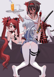 Rule 34 | 3girls, animal ears, apron, ass, black legwear, black nails, blush, braid, breasts, brown hair, cat ears, cat tail, cleavage, commentary request, convenient censoring, covered erect nipples, cup, dark-skinned female, dark skin, drink, drinking glass, drinking straw, eyepatch, feiqizi (fkey), fkey, food, fruit, gloves, grey background, gun, hair ribbon, hairband, handgun, highres, holding, holding clothes, holding panties, holding tray, holding underwear, holster, ice, katana, kneeling, large breasts, lemon, lemon slice, long hair, looking at viewer, maid apron, multiple girls, nail polish, no shoes, nose blush, open mouth, original, panties, pantyhose, pistol, ponytail, red eyes, red hair, red hairband, red legwear, red ribbon, ribbon, sheath, sheathed, sidelocks, silver hair, slit pupils, striped clothes, striped legwear, striped thighhighs, swept bangs, sword, tail, tattoo, thigh holster, thighhighs, thighs, tongue, tongue out, topless, tray, twintails, underwear, very long hair, weapon, white gloves, white legwear, white panties, wristband