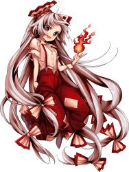 Rule 34 | 1girl, :d, bow, fire, fujiwara no mokou, full body, hair bow, hands in pockets, harukawa moe, long hair, official art, open mouth, red eyes, silver hair, smile, suspenders, touhou, transparent background, urban legend in limbo, very long hair