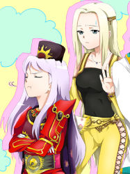Rule 34 | 1990s (style), 2girls, ai (ai1470), blonde hair, blue eyes, celes chere, character request, copyright request, crossed arms, closed eyes, female focus, final fantasy, final fantasy vi, hat, jacket, jewelry, long hair, multiple girls, necklace, pants, purple hair, sweatdrop, tiara