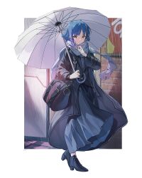 Rule 34 | 1girl, blue hair, bocchi the rock!, earphones, highres, holding, holding umbrella, innochan, rain, scarf, short hair, umbrella, yamada ryo, yellow eyes
