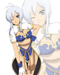 Rule 34 | 1girl, ;), ahoge, breasts, cleavage, cosplay, crossover, gloves, grey hair, hand on own hip, hip focus, judith, judith (cosplay), judith (tales), looking at viewer, medium breasts, midriff, one eye closed, rondorine e. effenberg, short hair, simple background, smile, solo, tales of (series), tales of phantasia, tales of vesperia, white background, white gloves, wink, zoom layer