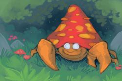 Rule 34 | bummerdude, bush, closed mouth, commentary, creature, empty eyes, full body, gen 1 pokemon, grass, highres, mushroom, no humans, outdoors, parasect, pokemon, pokemon (creature), solo