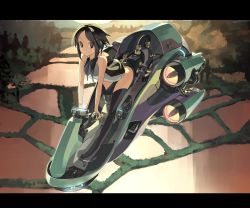 Rule 34 | 1girl, bent over, black hair, brown eyes, engine, hover bike, legs, letterboxed, md5 mismatch, motor vehicle, original, parted bangs, resolution mismatch, rice paddy, shihou (g-o-s), short hair, smile, solo, source larger, thighhighs, vehicle