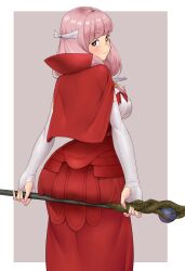 1girl :3 absurdres ass blunt_bangs blush breasts brown_eyes capelet closed_mouth commentary commission dress elbow_gloves english_commentary fingerless_gloves fire_emblem fire_emblem_fates gloves hair_ribbon highres hime_cut holding holding_staff igni_tion long_hair looking_back medium_breasts mitama_(fire_emblem) nintendo pink_hair red_capelet red_dress ribbon second-party_source simple_background smile solo staff standing star-shaped_pupils star_(symbol) symbol-shaped_pupils white_gloves white_ribbon