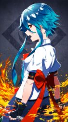 Rule 34 | 1girl, alternate hairstyle, black gloves, blue hair, bow, commentary request, cowboy shot, fingerless gloves, fire, gloves, highres, hinanawi tenshi, no headwear, no headwear, open mouth, profile, puffy short sleeves, puffy sleeves, red bow, red eyes, shirt, short hair with long locks, short sleeves, solo, sword of hisou, tegami (seka), touhou, white shirt