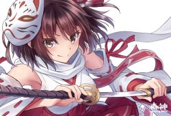 Rule 34 | 10s, 1girl, alternate costume, brown eyes, brown hair, commentary request, detached sleeves, fox mask, kantai collection, katana, looking at viewer, mask, mask on head, morigami (morigami no yashiro), ribbon-trimmed sleeves, ribbon trim, scarf, sendai (kancolle), sendai kai ni (kancolle), sheath, short hair, smile, solo, sword, twitter username, unsheathing, upper body, weapon, white background, wide sleeves