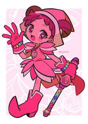 Rule 34 | 1girl, :d, blush, commentary request, double bun, dress, full body, gloves, hair bun, hand up, harukaze doremi, hat, highres, holding, holding wand, looking at viewer, magical girl, menma (enaic31), ojamajo doremi, open hand, open mouth, pink dress, pink eyes, pink footwear, pink gloves, pink hair, pink hat, pointy footwear, short hair, smile, solo, standing, standing on one leg, twitter username, wand, witch hat