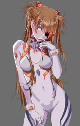 Rule 34 | 1girl, absurdres, blue eyes, bodysuit, breasts, brown hair, commentary request, covered navel, curvy, evangelion: 3.0+1.0 thrice upon a time, eyepatch, gloves, gradient hair, grey background, hair ornament, hand up, highres, interface headset, long hair, long sleeves, looking at viewer, medium breasts, multicolored hair, neon genesis evangelion, plugsuit, rebuild of evangelion, simple background, skin tight, solo, souryuu asuka langley, turtleneck, twintails, white bodysuit, yamashita shun&#039;ya