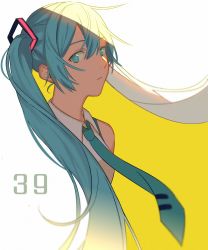Rule 34 | 1girl, 39, bare shoulders, blue eyes, blue hair, blue necktie, closed mouth, clothes lift, collared shirt, cropped torso, double exposure, expressionless, flat chest, floating hair, hair between eyes, half-closed eyes, hatsune miku, highres, konomi (kumagai20), light, long hair, looking at viewer, necktie, number in eye, serious, shaded face, shirt, sidelocks, simple background, solo, symbol in eye, tareme, two-tone background, upper body, vignetting, vocaloid, white background, white shirt, yellow background
