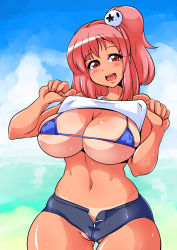 Rule 34 | 1girl, areola slip, bikini, bikini top only, blush, breasts, cleavage, clothes lift, curvy, dead or alive, female focus, highres, honoka (doa), huge breasts, looking at viewer, navel, pink hair, red eyes, ryoi, shirt, shirt lift, shorts, side ponytail, smile, solo, standing, sweat, swimsuit, tan, tanline, tecmo, thick thighs, thigh gap, thighs, wide hips