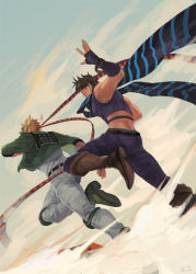 Rule 34 | 2boys, battle tendency, blonde hair, blue scarf, boots, brown hair, caesar anthonio zeppeli, crop top, feather hair ornament, feathers, fingerless gloves, from behind, gloves, green jacket, hair ornament, headband, jacket, jojo no kimyou na bouken, joseph joestar, joseph joestar (young), knee boots, male focus, midriff, multiple boys, running, scarf, striped clothes, striped scarf, triangle print, z.i