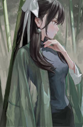 Rule 34 | 1girl, bamboo, bamboo forest, black hair, black legwear, blue vest, bow, brown eyes, coat, collared vest, earrings, fkey, forest, green coat, hair bow, hand on own chest, highres, jewelry, long hair, long sleeves, looking to the side, nature, original, outdoors, shirt, solo, standing, upper body, vest, white bow, white shirt, wide sleeves