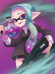 Rule 34 | 1girl, bike shorts, blue hair, colored tips, commentary request, highres, inkling, inkling girl, inkling player character, jet squelcher (splatoon), long hair, looking at viewer, multicolored hair, nastar r0, nintendo, open mouth, pointy ears, purple eyes, purple hair, smile, solo, splatoon (series), splatoon 3, standing, sticker, teeth, tentacle hair, toxic mist (splatoon), two-tone hair