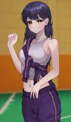 Rule 34 | 1girl, absurdres, bare arms, blue hair, blurry, blurry background, breasts, collarbone, cowboy shot, crop top, grin, highres, indie virtual youtuber, light blush, lilpa, looking at viewer, medium breasts, midriff, multicolored hair, navel, pants, purple pants, purple sweater, sei (0724sei6), shirt, sleeveless, sleeveless shirt, smile, solo, streaked hair, sweater, tank top, tied sweater, virtual youtuber, white shirt, yellow eyes