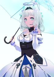 Rule 34 | 1girl, absurdres, bare shoulders, black hairband, blue background, blue umbrella, breasts, cleavage, closed mouth, commentary, detached sleeves, dress, english commentary, fingerless gloves, gloves, green eyes, hairband, halo, hands up, happyboynumber1, headgear, headset, highres, holding, holding umbrella, kamishiro rita, long sleeves, looking at viewer, medium breasts, prism project, silver hair, simple background, sleeves past wrists, smile, solo, transparent, transparent umbrella, umbrella, virtual youtuber, white background, white dress, white gloves, white sleeves