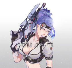 Rule 34 | 1girl, bad id, bad pixiv id, breasts, cleavage, collarbone, finger on trigger, goggles, goggles on head, gradient background, grey background, gun, headpiece, highres, holding, holding gun, holding weapon, kistina, lips, looking at viewer, medium breasts, midriff, navel, nose, official alternate costume, overwatch, overwatch 1, ponytail, purple hair, purple lips, rifle, short sleeves, snowing, solo, talon widowmaker, upper body, weapon, widowmaker (overwatch), yellow eyes