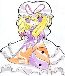 Rule 34 | 1girl, arms behind back, black outline, blonde hair, bow, bowtie, breasts, chibi, commentary request, dqn (dqnww), dress, feet out of frame, frilled dress, frills, hair bow, hat, hat ribbon, juliet sleeves, long dress, long hair, long sleeves, looking at viewer, low-tied long hair, lowres, medium breasts, mob cap, outline, pink bow, pink ribbon, print tabard, puffy long sleeves, puffy sleeves, purple eyes, purple tabard, ribbon, sidelocks, simple background, smile, solo, split mouth, tabard, touhou, traditional bowtie, white background, white dress, white hat, yakumo yukari, yin yang, yin yang print