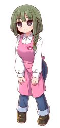 Rule 34 | 1girl, apron, blue pants, blush, braid, breasts, brown eyes, brown footwear, closed mouth, collared shirt, denim, dress shirt, full body, green hair, hair over shoulder, highres, jeans, loafers, long sleeves, looking at viewer, naga u, original, pants, pink apron, puffy long sleeves, puffy sleeves, shirt, shoes, simple background, single braid, sleeves past wrists, small breasts, smile, solo, standing, white background, white shirt
