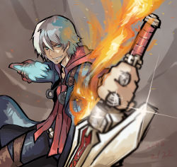 Rule 34 | 1boy, blue coat, blue eyes, coat, dated, devil may cry (series), eyes visible through hair, fire, glint, glowing, hair between eyes, headphones, holding, holding sword, holding weapon, hood, hood down, jewelry, male focus, meme50, nero (devil may cry), ring, smile, solo, sword, weapon