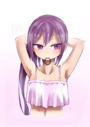Rule 34 | 10s, 1girl, adjusting hair, akebono (kancolle), armpits, arms behind head, bare arms, bare shoulders, collarbone, crop top, hair between eyes, highres, kantai collection, koorimizu, looking to the side, mouth hold, purple eyes, purple hair, sidelocks, solo, tying hair, underwear, upper body