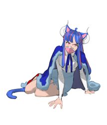 Rule 34 | 1girl, ahoge, animal ears, arm support, blue cape, blue hair, blue skirt, cape, cat ears, cat girl, cat tail, covered mouth, curled horns, dinosaur girl, horns, jewelry, long hair, lowres, mask, mouth mask, multicolored hair, necklace, one piece, pink eyes, pink hair, pink mask, raine (acke2445), red footwear, shirt, simple background, skirt, solo, streaked hair, tail, ulti (one piece), white background, white shirt