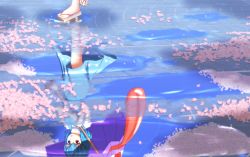 Rule 34 | 1girl, blue eyes, blue hair, cherry blossoms, commentary request, geta, heterochromia, karakasa obake, matching hair/eyes, out of frame, path, petals, puddle, red eyes, reflection, road, short hair, solo, tat rous, tatara kogasa, touhou, umbrella