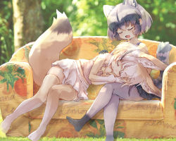 Rule 34 | 2girls, adapted costume, animal ears, bare shoulders, black skirt, blonde hair, bow, bowtie, closed eyes, common raccoon (kemono friends), couch, elbow gloves, extra ears, fang, fennec (kemono friends), fox ears, fox girl, fox tail, fur trim, gloves, gradient legwear, grey hair, grey legwear, grey shirt, hand on another&#039;s shoulder, highres, kemono friends, kolshica, lap pillow, midriff, multicolored hair, multiple girls, no shoes, open mouth, pantyhose, pink shirt, pink skirt, pleated skirt, raccoon ears, raccoon girl, raccoon tail, shirt, short hair, sitting, skirt, sleeveless, tail, tank top, thighhighs, white hair, white legwear, yellow legwear, yellow neckwear, zettai ryouiki
