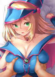 Rule 34 | 1girl, bare shoulders, blonde hair, blue dress, blue headwear, blush, grabbing another&#039;s breast, breasts, cleavage, collarbone, dark magician girl, dress, duel monster, grabbing, green eyes, groping, highres, jewelry, large breasts, long hair, looking at viewer, lying, neck ring, on back, open mouth, pentacle, pillow, solo focus, sweat, uni8, yu-gi-oh!, yu-gi-oh! duel monsters
