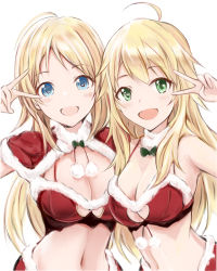 Rule 34 | 2girls, :d, ahoge, armpits, bare arms, bare shoulders, bikini, blonde hair, blue eyes, blush, bow, breasts, capelet, christmas, cleavage, commentary request, fur-trimmed capelet, fur trim, green bow, green eyes, hachimiya meguru, hoshii miki, idolmaster, idolmaster (classic), idolmaster shiny colors, long hair, medium breasts, multiple girls, nannacy7, navel, open mouth, parted bangs, pom pom (clothes), red bikini, red capelet, santa bikini, simple background, smile, stomach, swimsuit, trait connection, upper body, v, v over eye, white background