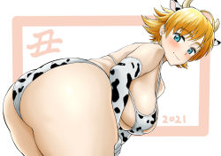 Rule 34 | 1girl, 2021, animal ears, animal print, ass, blonde hair, blush, breasts, cow ears, cow horns, cow print, detached sleeves, earrings, horns, igawa sakura, jewelry, large breasts, minatoitoya, simple background, smile, taimanin (series), taimanin asagi, taimanin rpgx, thick thighs, thighs