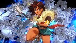 Rule 34 | ajna (indivisible), alex ahad, axe, brown eyes, brown hair, character request, dark skin, highres, indivisible, razmi (indivisible), sandals, tungar, weapon, zebei (indivisible)