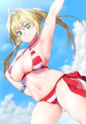 Rule 34 | 1girl, ahoge, arm up, armpits, bikini, blonde hair, blue sky, breasts, cleavage, closed mouth, cloud, cloudy sky, criss-cross halter, day, fate/grand order, fate (series), green eyes, hair intakes, halterneck, hand on own hip, large breasts, long hair, looking at viewer, navel, nero claudius (fate), nero claudius (fate) (all), nero claudius (swimsuit) (fate), nero claudius (swimsuit caster) (fate), onsoku inu, outdoors, side-tie bikini bottom, sky, solo, stomach, striped bikini, striped clothes, swimsuit