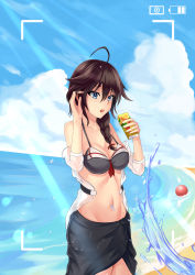 Rule 34 | absurdres, ahoge, bendy straw, blue eyes, braid, breasts, brown hair, cleavage, day, drinking straw, fingernails, groin, hair between eyes, hand in own hair, highres, juice box, kantai collection, long fingernails, medium breasts, navel, recording, sarong, shigure (kancolle), short hair, single braid, solo, sweat, swimsuit, swimsuit under clothes, wowan baihe zenmeliao
