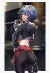 Rule 34 | 1girl, ass, black hair, black jacket, border, bottle, closed mouth, drinking, hair ornament, hand on own hip, highres, holding, holding bottle, honkai (series), honkai impact 3rd, jacket, long sleeves, looking at viewer, looking back, mole, mole under mouth, pants, purple eyes, raven (honkai impact), short hair, solo, sweatpants, white border, zomzomzomsauce
