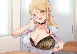 Rule 34 | 1girl, absurdres, bitchmotor, blush, bra, breasts, chair, choker, classroom, desk, ear piercing, embarrassed, eyebrows hidden by hair, female focus, fingers together, gyaru, hand up, highres, indoors, large breasts, long hair, looking at viewer, multicolored hair, nail polish, open mouth, original, oshiego gyaru ni 30-dai dōtei ga barete yabai&hellip;, piercing, print bra, pulled by self, school uniform, sexually suggestive, sitting, sleeves rolled up, smile, solo, two-tone hair, underwear, upper body, yellow eyes